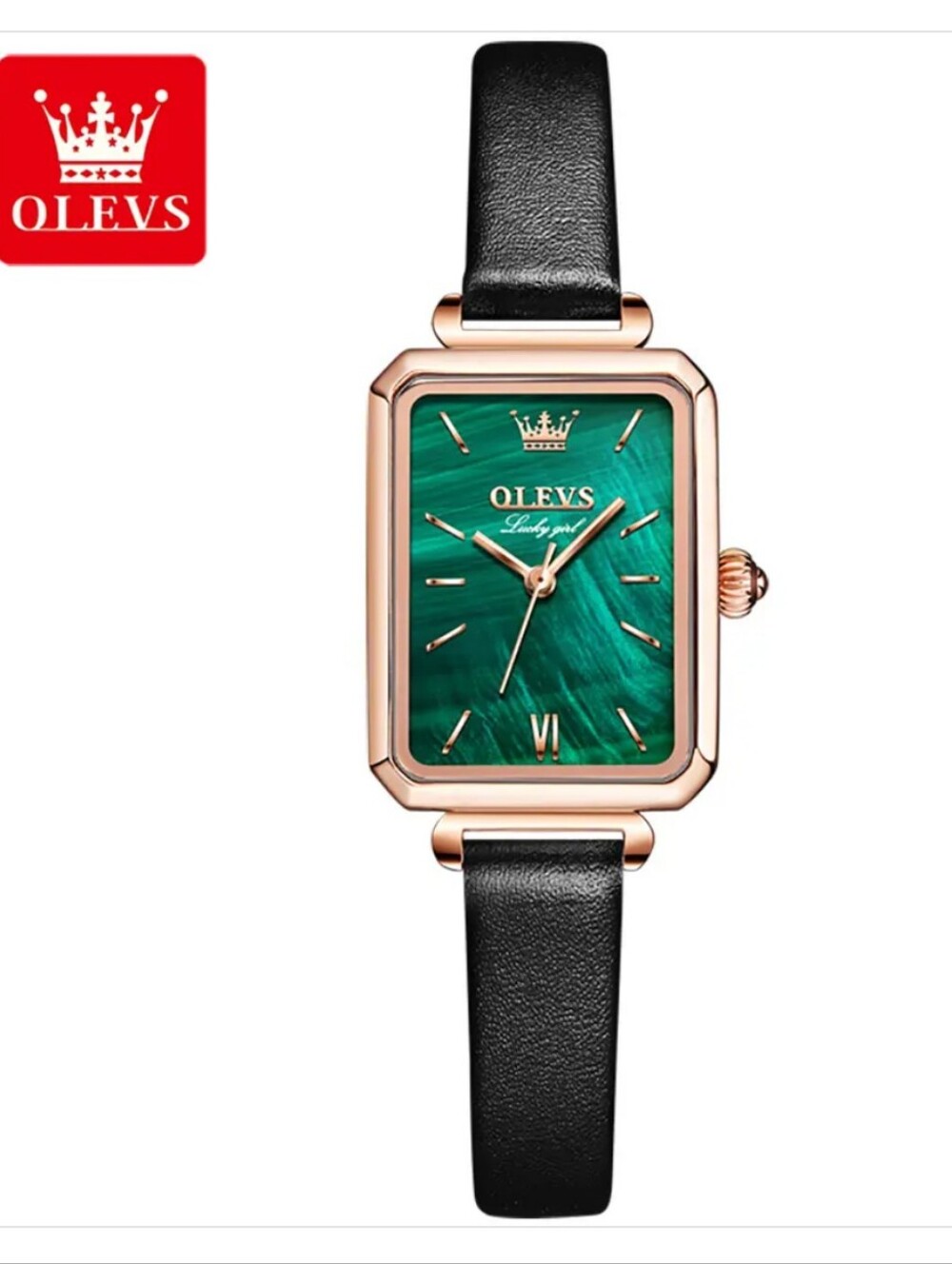 OLEVS Women's Green Malachite Dial Rose Gold Case Leather Strap Watch 6624